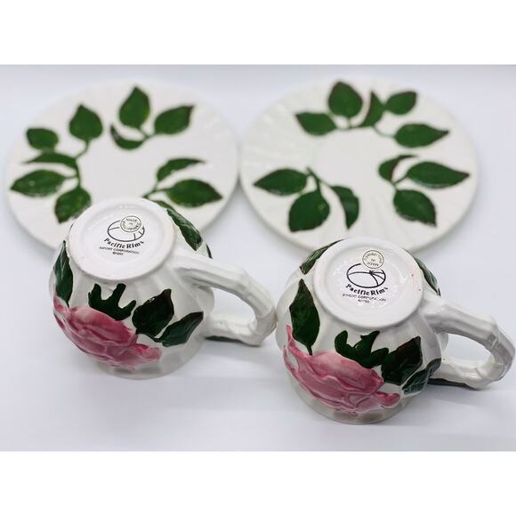 Pacific Rim Rosebud Tea Cups and Saucers with Raised Rose Design - Set Of 2 - Picture 8 of 10